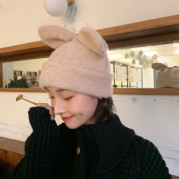 Заставам кроличьих ушите шапка от кожа заек жените в есенно-зимната вязаная вълнена шапка зимна топла корейската версия на японската шапки