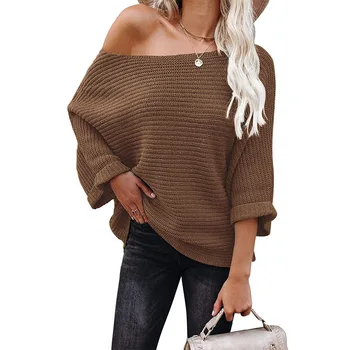 Зимна топла Реколта наклонена врата вязаный пуловер Дамски дрехи ръкав Прилеп Свободен Y2K Топ Ежедневния моден обикновен пуловер За жени