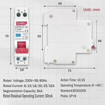 18 ММ Мини 230v 50/60 Hz RCBO 1 P+N 6KA Различното Автоматичен Прекъсвач остатъчен Ток Защита от изтичане на ток