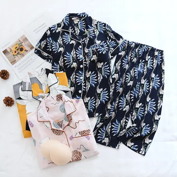 Памучни пижами De Mujer Ризи-жилетки с къси ръкави и къси панталони Пижамный комплект за летен сън Дамски домашно облекло