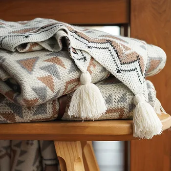 Богемное Одеяло с пискюли Вязаное Одеяло на Дивана Каре Пътното Одеяло