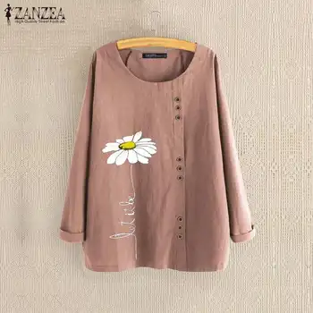 ZANZEA 2021 Модни блузи с принтом Дамски есенни блузи с дълъг ръкав Blusas Дамска туника с цветен модел лайка Ежедневни Горната риза копчета