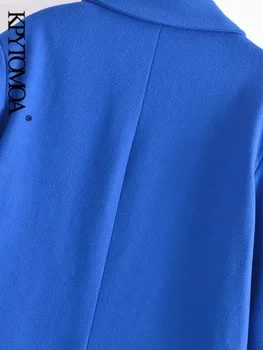 KPYTOMOA Дамска мода Двубортное свободно вълна палто Реколта с дълъг ръкав Джобове с капаци Дамски връхни дрехи Луксозно палто