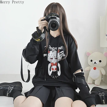 Готически черни блузи с качулка За жени 2020 Пролет Harajuku Hoody с качулка с анимационни принтом дантела Выдалбливают Свободен спортен костюм