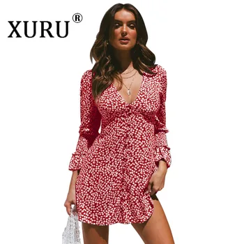 XURU Европа и Америка Секси рокля с дълбоко V-образно деколте и дълги ръкави в ниша с цветен модел Есен Ново дамско гореща рокля