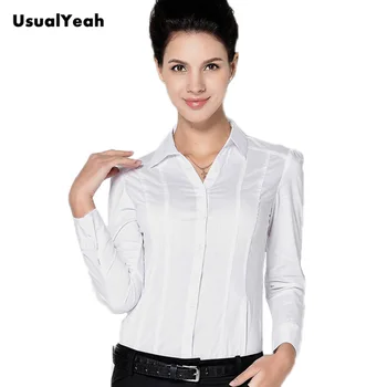 Нова мода За жени Ежедневни ризи за тяло блузи с дълъг ръкав V-образно деколте Бутон офис blusa feminina бяло синьо S, M, L, XL SY0247