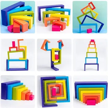 1 Компл. Детски Преливащи се цветове Дървени Строителни блокове, Детски Игри Монтесори Забавни играчки за Декорация на детска стая Дървени играчки Подаръци