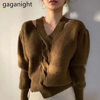 Gaganight Секси жена модерен пуловер монофонични есенно-зимния пуловер Офис дамски пуловери с V-образно деколте Ежедневно Свободна дамски връхни дрехи