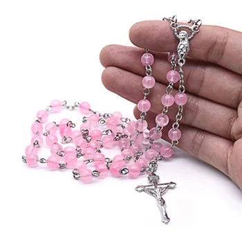 Мода Розови Стъклени Мъниста Кръста на Броеницата Колие от Мъниста Дева Мария, Католическата Молитва Декорация на подаръци За жени, Бижута и Аксесоари