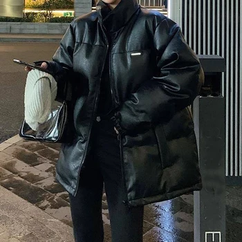 Дамски пухени паркове Плътен черен Ярък цвят, Дебел корейски зимно яке от изкуствена кожа Свободни палто на големи размери Дамски matte връхни дрехи