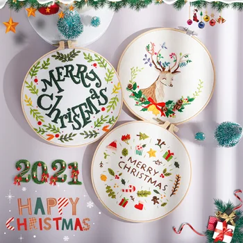 2021 весела Коледа Бродерия САМ Игрален Комплект за начинаещи Бамбуков обръч Ръкоделие с цифри, отпечатана Бродерия Бод, Комплект за шиене
