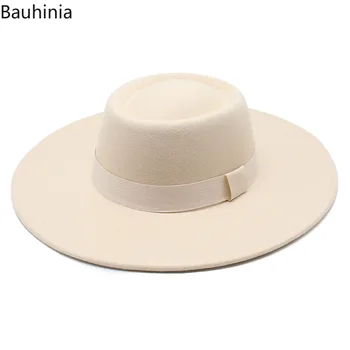 Френски Стил Обикновен филц шапки за жени 9,5 см, с широка периферия официална Сватба парти Джаз шапка На открито Зимна празнична шапка