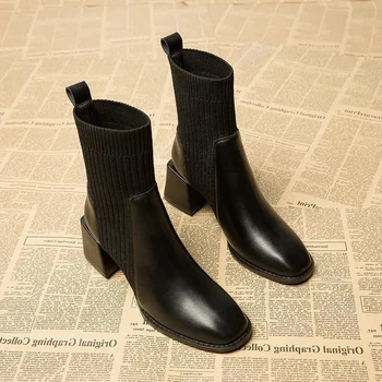 2021 Есенно - зимни дамски обувки Възли ластични чорапи, Ботуши с квадратни пръсти на дебелите обувки с Модерен ботильоны Челси