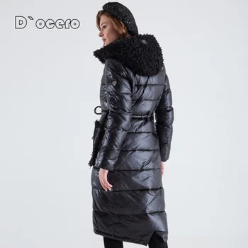 D ' Ocero 2021 Нова зимно яке Женски паркове от изкуствена кожа Дамско дълго стеганое палто с колан от плътен памук, с качулка с Модерна връхни дрехи