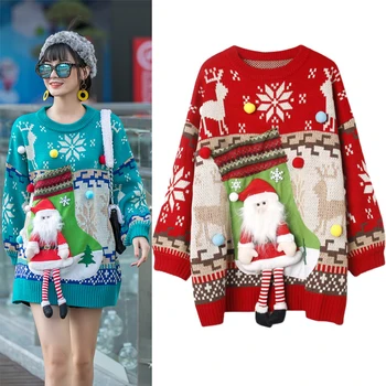 Грозен Коледен пуловер за жени, дебели Зимата на топло карикатура в стил Мозайка, свободни възли върхове, Ретро Връхни дрехи, пуловер голям размер