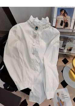 Тежки мъниста Копчета с къдри Яка-часова Бяла риза с дълъг ръкав Топ 2022 Пролет Есен Нова Облекло Корея Свободна Ежедневна блуза