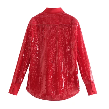 Нов 2022 Za Червени дамски блузи, Модни пайети Топ Дамски дрехи от ревера на Ризата с дълъг ръкав Корейски Топ Дамски елегантни блузи
