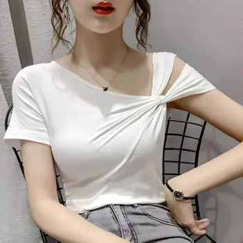 Нов 2021 Модни памучни дамски Летни тениски с къс ръкав Плюс Размера на Корейски съкратен върховете Тънка женска тениска Однотонная Ежедневни Harajuku