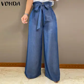 VONDA 2021 дънкови панталони 3 цвята Моден Широки панталони с висока талия и дълги штанинами Палацо Панталони Femme Oversize Hosen Damen