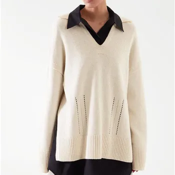 Жена вълна вязаный пуловер с разрезным отложным яка, выдалбливают прост свободен жена жилетка с дълъг ръкав 2021 Есен-зима