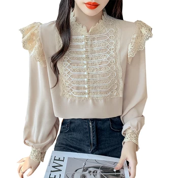 Ретро дворцов стил Лейси блуза с бродерия Дамски есен beading с дълъг ръкав Свободна шифоновая риза с яка-ботуш и накъдрен Топ 16087