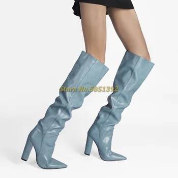 Зимни дамски обувки на блок токчета, модерни европейски секси високи обувки с остри пръсти над коляното, однотонная дамски обувки, модел обувки от змийска кожа