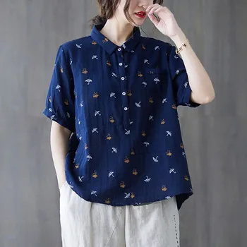 Дамски летни памучни ежедневни ризи Ново записване 2021 Прост Стил с отложным яка и принтом Свободни дамски блузи с къс ръкав S3903