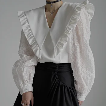Ежедневни Бяла лейси панел Корейски къси дамски ризи с яка Питър Пан с пищни ръкави и дълги ръкави Тънки блузи Женски Лято 2021