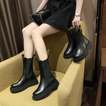 2021 Есенни обувки Челси Женски на масивна платформа пънк-готически обувки Модерен дамски черни ботильоны от изкуствена кожа