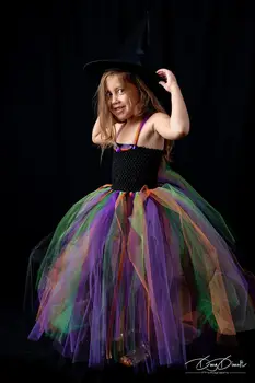 Многоцветное рокля-пакет за момичета-вещици Бебешка рокля от тюл Бална рокля с черна шапка Детски Рокли за костюмированной парти за Хелоуин
