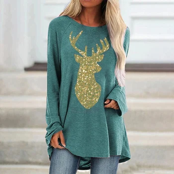 Женска тениска с Увреждания Коледен пуловер с принтом Мода с дълъг ръкав О-образно деколте Ежедневно риза Облекло Пролет Свободни дамски блузи