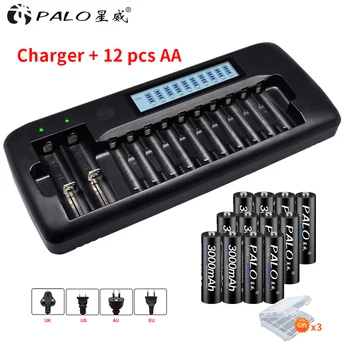 PALO 12 Слотове Интелигентно зарядно устройство за AA/AAA SC Ni-MH Ni-CD Батерия От 3.7 На Литиево-йонна батерия 18650+12 бр. Батерия АА