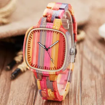 Цветни Дървени часовници Дамски Мъжки Ръчен часовник от дърво с Преливащи се цветове Ежедневни Кварцови часовници за двойки За мъже Часовници Relogio Masculino