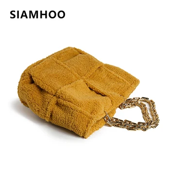 SIAMHOO Мода Агне Кадифе Чанта На Рамото Голям Капацитет Чанти от изкуствена Кожа Дизайнерски Маркови Верига Вълнени Тъкани Дамски Ежедневни чанти