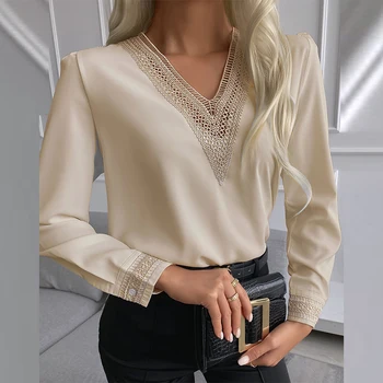 Реколта лейси дамска блуза с V-образно деколте с елегантна риза с дълги ръкави, однотонная дамски офис риза, модни ежедневните свободни пуловери, блузи