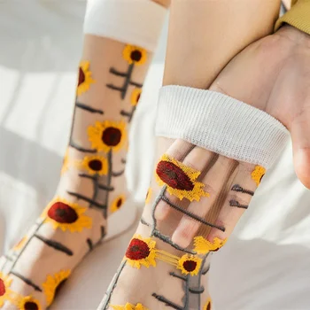 Новост Ежедневни дамски чорапи Harajuku Летни тънки Прозрачни Стъклени копринени чорапи Слънчогледи Кристални Забавни Чорапи с Високо качество