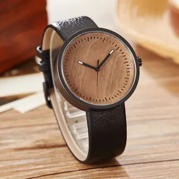 Дървени часовници, Дамски Прост Дизайн, Малка Гривна от масивно дърво Дамски Ръчни часовници от естествена кожа Унисекс Кварцов минималистичен часовник
