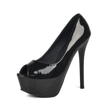 Кожени обувки на платформа Дамски обувки-лодка с отворени пръсти 14 см, на висок ток, Секси дамски обувки за нощен клуб Модерно на сватбени обувки за младоженци Офис обувки-лодка
