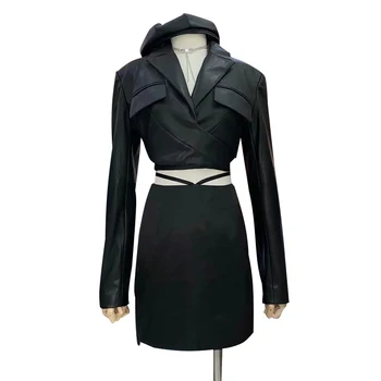 VGH Ежедневни черна изкуствена кожа с дантела-Къс дамски пролетно яке с ревера и дълъг ръкав Корейската мода Обикновена якета Женски стил 2021