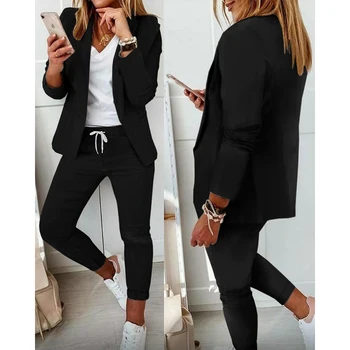 Офис дама обикновен Черен блейзър с ревера, палто, яке и панталони на експозиции до щиколоток, Комплект от 2 теми, дамски есенно-зимни дрехи