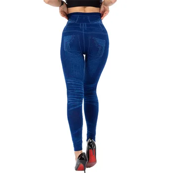 Плюс Размер 3XL Висока талия Дънкови Гамаши от имитация на деним Тънки еластични безшевни тесни панталони-молив Дамски спортни гамаши за бягане