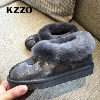 KZZO Нов прием на Австралия овча кожа дамски зимни обувки от овча вълна на кожа подплата Зимни топли обувки ботильоны на равна подметка нескользящая подметка