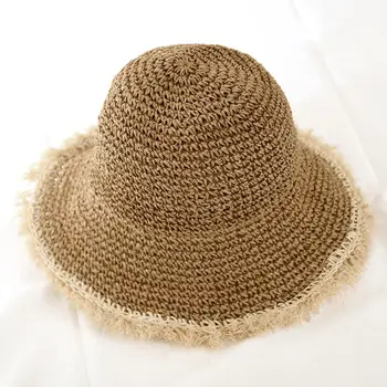 Летните слънчеви шапки за жени Сгъваема вязаная на една кука вязаная сламена шапка Дамска лятна шапка с голяма периферия Анти-UV Плажна шапка, Слънчеви шапки уводна част femme