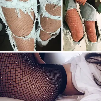 Секси чорапи в рибарска мрежа Женски дълги мрежести диамантени чорапи до бедрото Чорапи Дамски Кожени Черно Секси чорапи