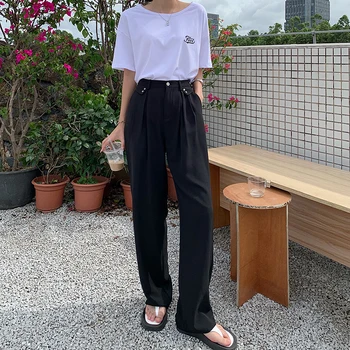 HziriP 2021 Корейски широки панталони универсални панталон с еластична талия Нови Дамски офис дамски летни дамски Ежедневни прави панталони