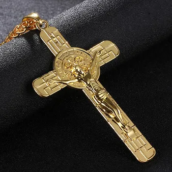 Нов Златен/Steel цвят на Кръст Христос Исус Висулка Колие Мъже/Жени Религиозен ИНРИ Исус е Разпънат на кръст Верига и Медальон Бижута Bijoux