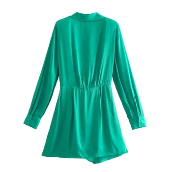 ТРАФИКА Za 2021 Зелено атласное рокля Женствена рокля-риза с аромат на Женско модно обличам копчета с дълъг Ръкав Къси рокли Мини Елегантни рокли