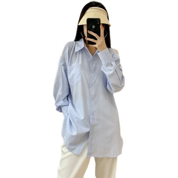 Риза COIGARSAM Дамски блузи Офис дама райе с дълъг ръкав Директни сини дамски ризи