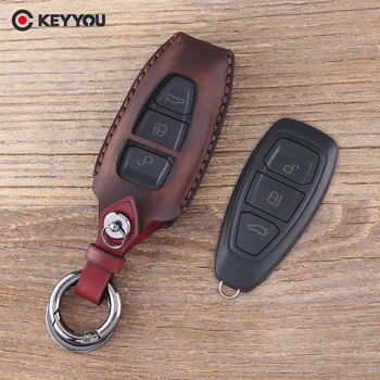 KEYYOU Ключ от колата от естествена кожа Smart-Калъф за дистанционно Ключ Калъф за Ford Fiesta Focus 3 4 MK3 MK4 Mondeo Ecosport Kuga Focus ST