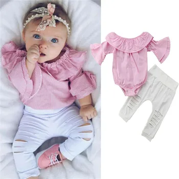 Комплекти дрехи за новородени момичета Розово с открити рамене накъдрен Гащеризон Топ Бели скъсани Панталони 2 бр. Съоръжения Летни дрехи за 0-18 м
